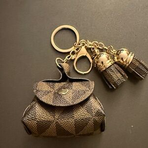Elegant Brown Checkered Key Holder with Gold Accents Bag Charm New